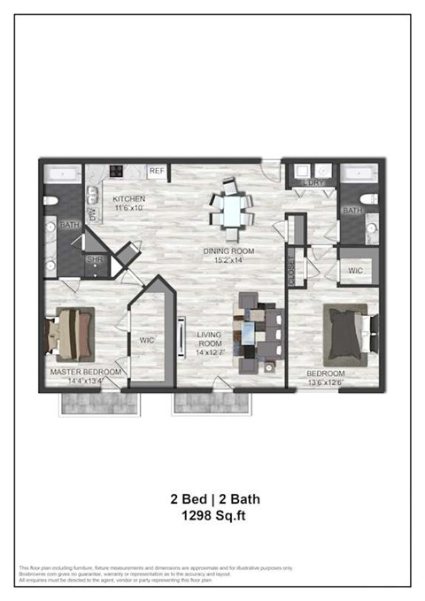 Floor plan for 2 beds, 2 baths, 1298 sqft